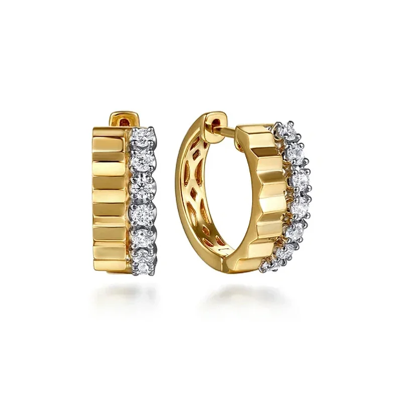 sparkly hoop earrings for women -Gabriel 14K White Yellow Gold Diamond and Diamond Cut Huggie Earrings