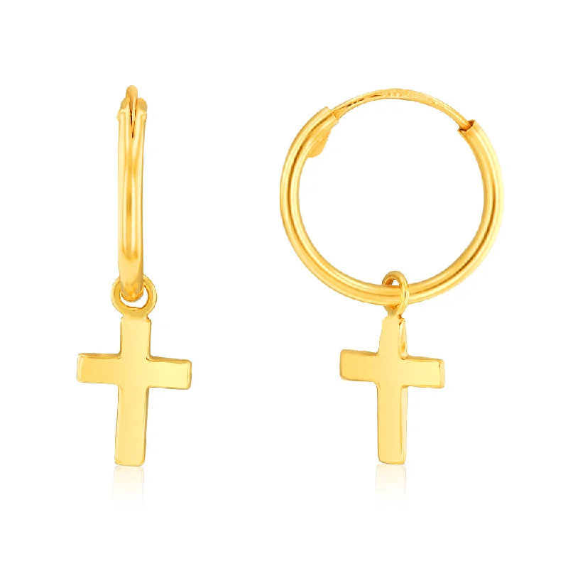 rainbow earrings for women -9ct Yellow Gold Polished Cross On 12mm Hoop Earrings