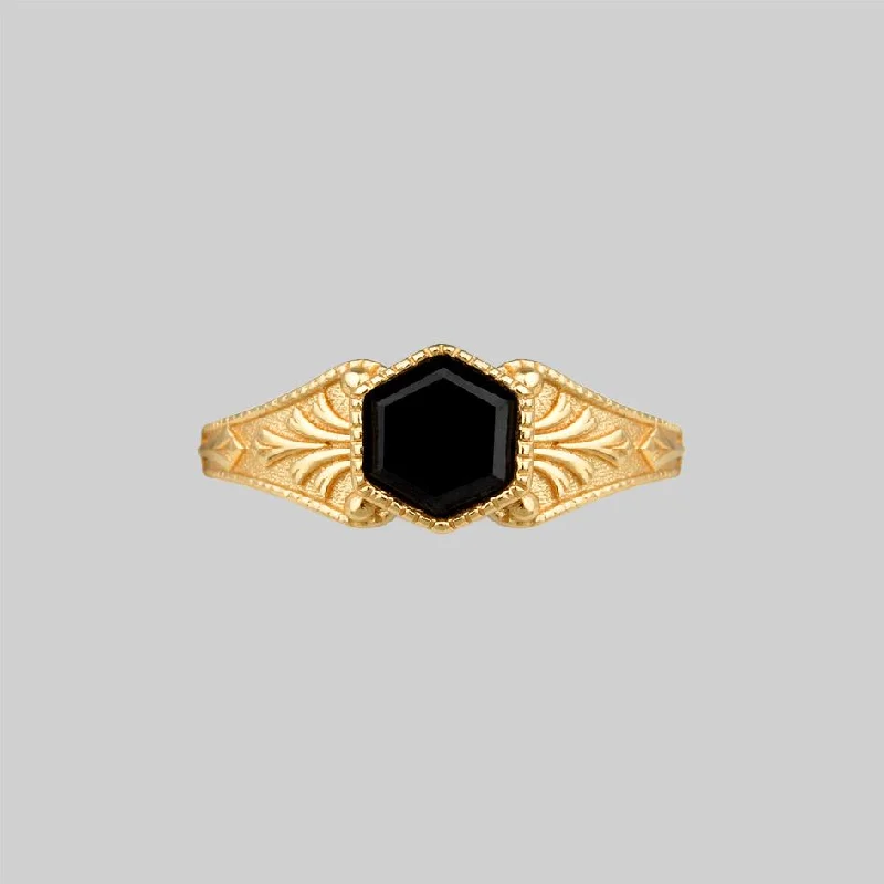 chunky rings for women -RELIC. Onyx Hexagon Ring - Gold