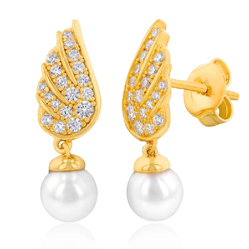 bohemian earrings for women -Gold Plated Silver Fresh Water Pearl & Cubic Zirconia On Wings  Drop Earrings