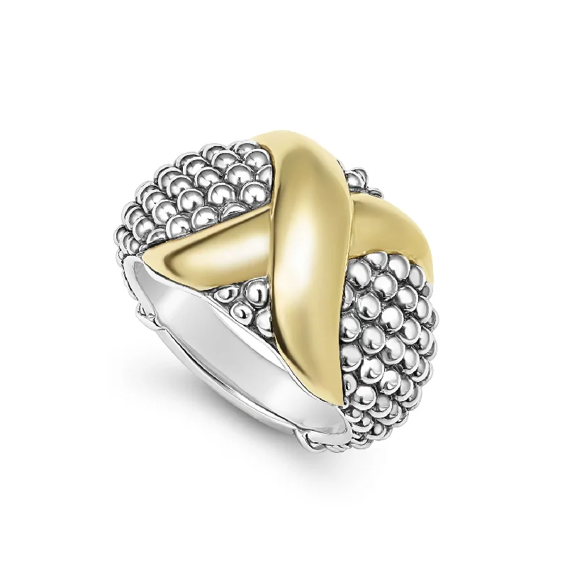 vintage wedding rings for women -Lagos Sterling Silver & 18K Yellow Gold Embrace X Caviar Wide Dome Ring