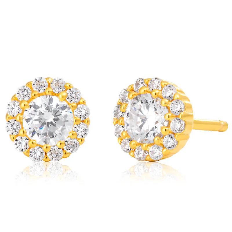 oval earrings for women -Gold Plated Sterling Silver Cubic Zirconia Brilliant Cut Halo Fancy Stud Earrings