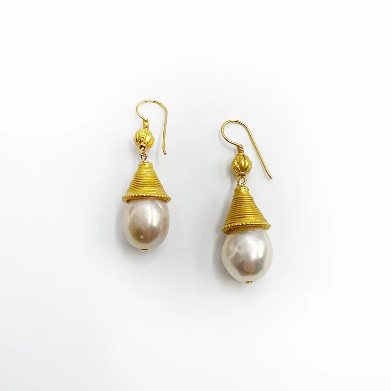 sterling silver earrings for women -Pink Pearl Drops with Gold Vermeil Caps and Wire Earrings