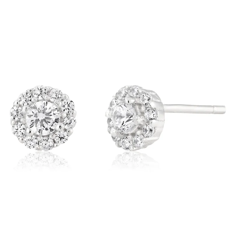 diamond earrings for women -Sterling Silver Cubic Zirconia Cut Halo Stud Earrings