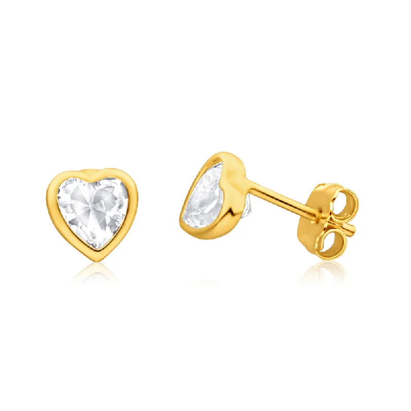 bridal earrings for women -9ct Yellow Gold Silver Filled Cubic Zirconia Heart 5mm Stud Earrings