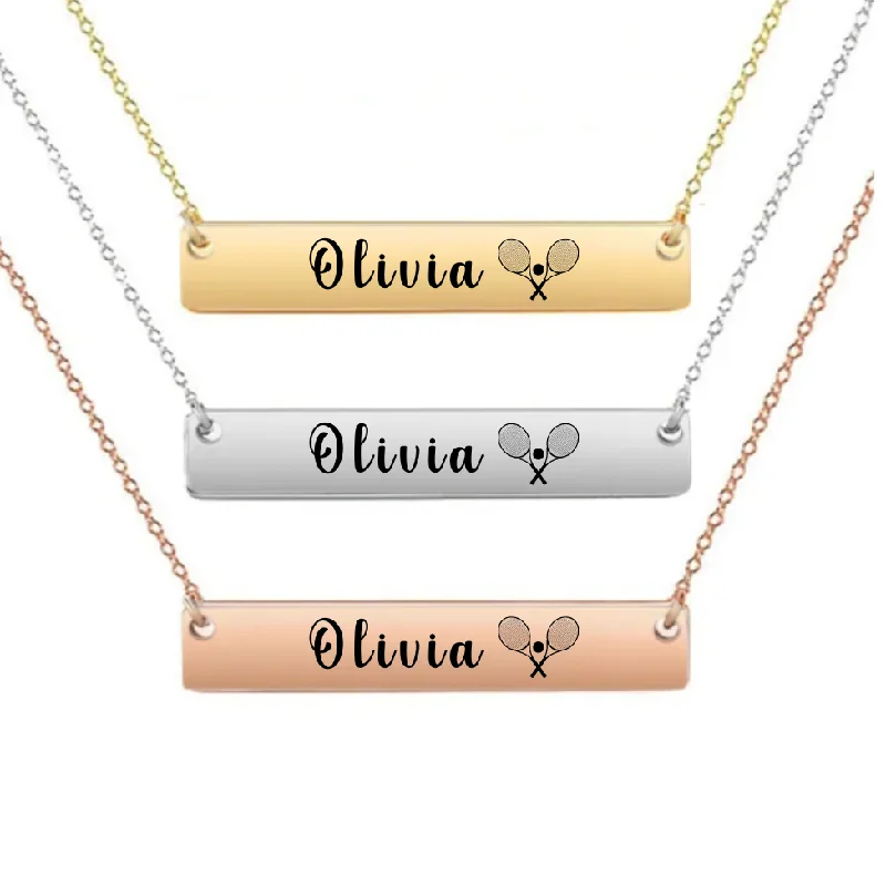 everyday necklaces for women -Engraved Tennis Bar Necklace