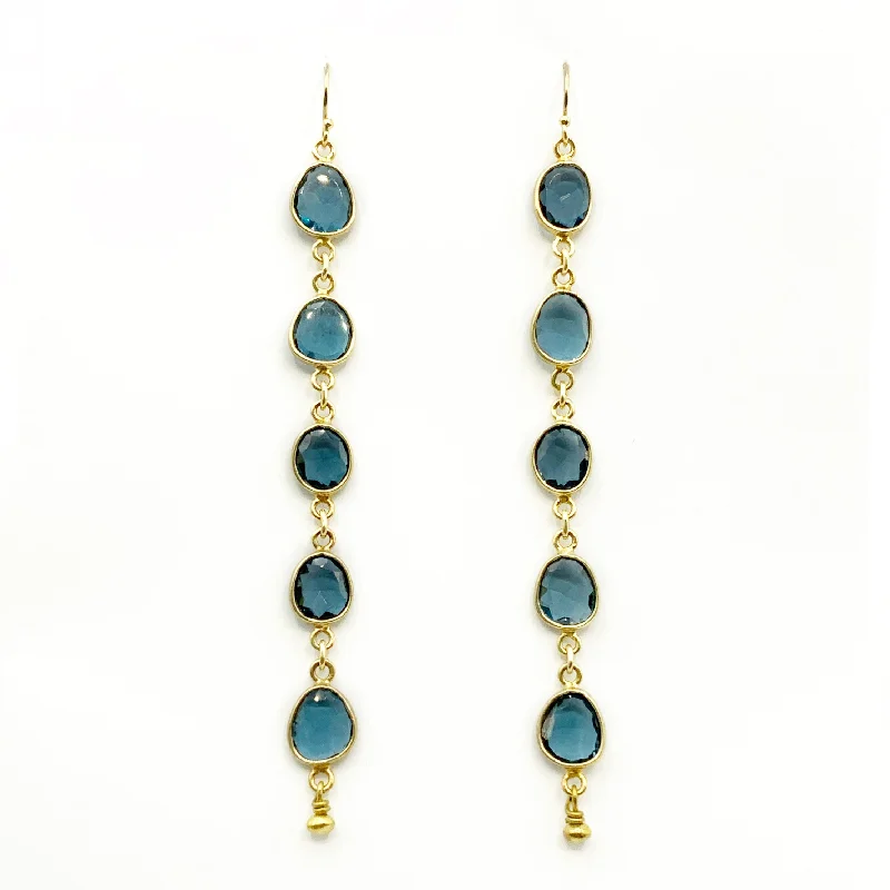 pearl drop earrings for women -Yellow Gold Plated Oval Blue Topaz Drop Earrings