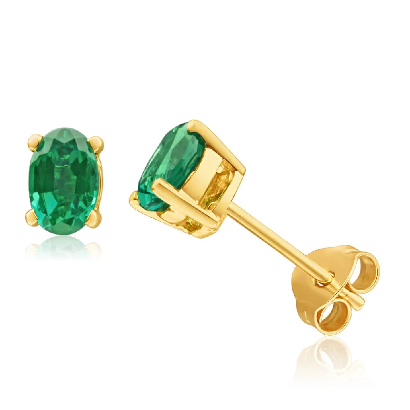 stud earrings for women -9ct Alluring Yellow Gold Created Emerald 6x4mm Stud Earrings