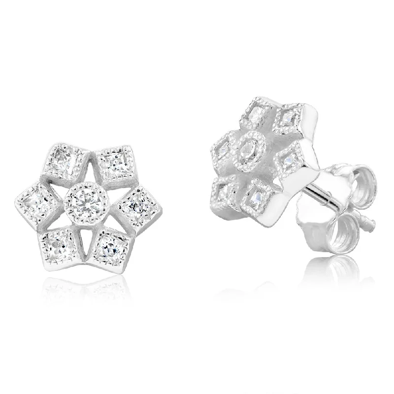 emerald earrings for women -Sterling Silver Geometric Flower Cubic Zirconia Stud Earrings