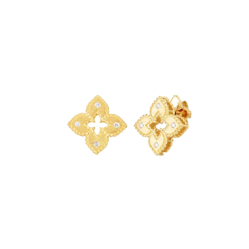 statement gemstone earrings for women -Roberto Coin 18K Yellow Gold Extra-Small Petite Venetian Princess Satin & Diamond Accent Flower Earrings