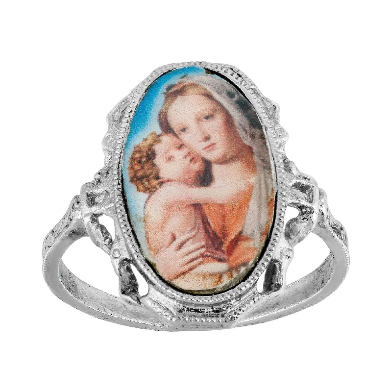 vintage-inspired rings for women -Symbols Of Faith Oval Mary and Child Decal Ring