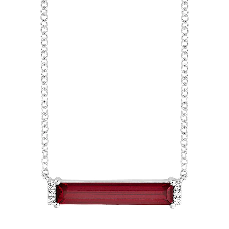 diamond pendant necklaces for women -14K white gold bar necklace featuring an elongated baguette Chatham lab grown ruby with Chatham lab grown diamond accents.