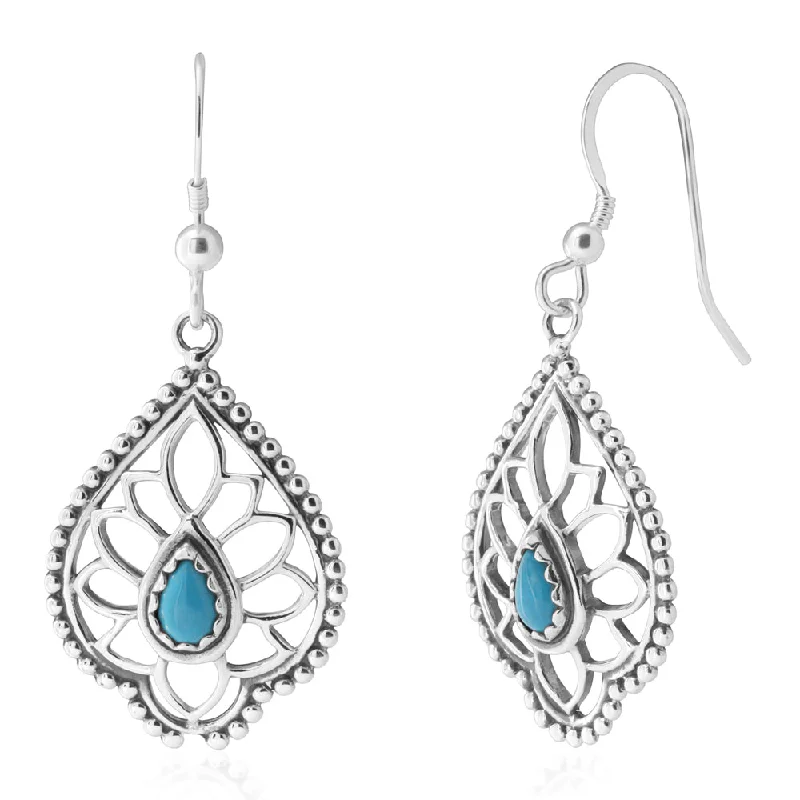 filigree earrings for women -Sterling Silver Created Turquoise Fancy Drop Earrings