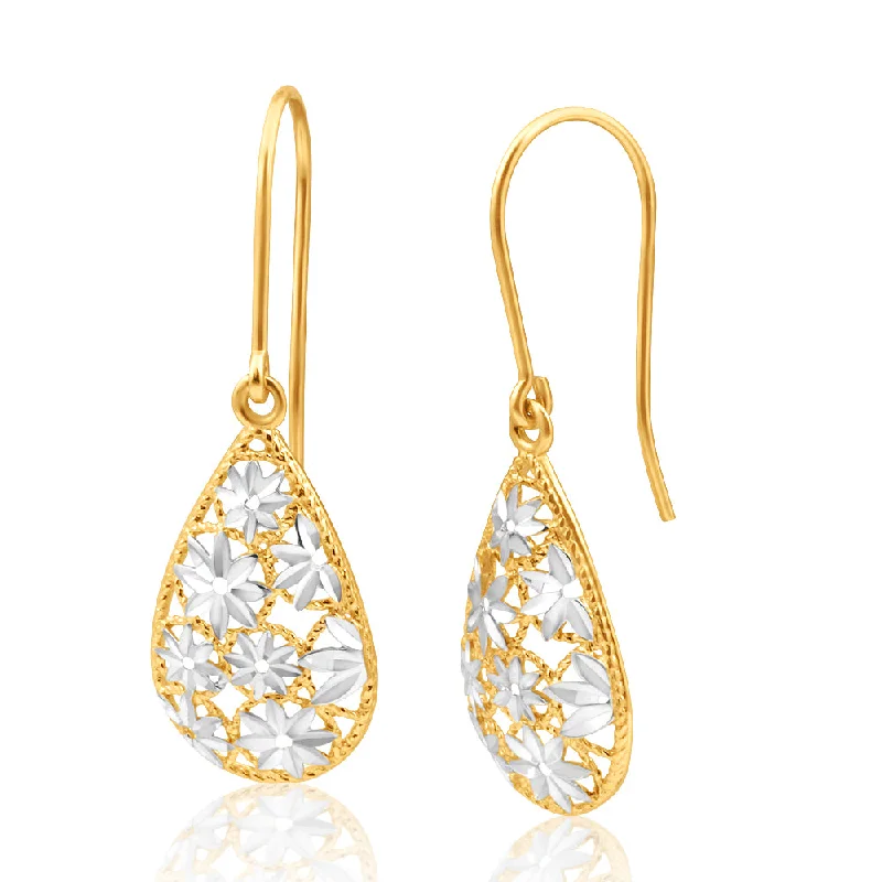 hoop earrings with charms for women -9ct Yellow Gold & White Gold Filigree Flower Tear Drop Earrings