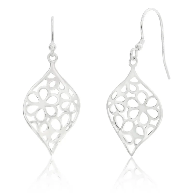 diamond hoop earrings for women -Sterling Silver Flower Cut Out Patterned Drop Earrings