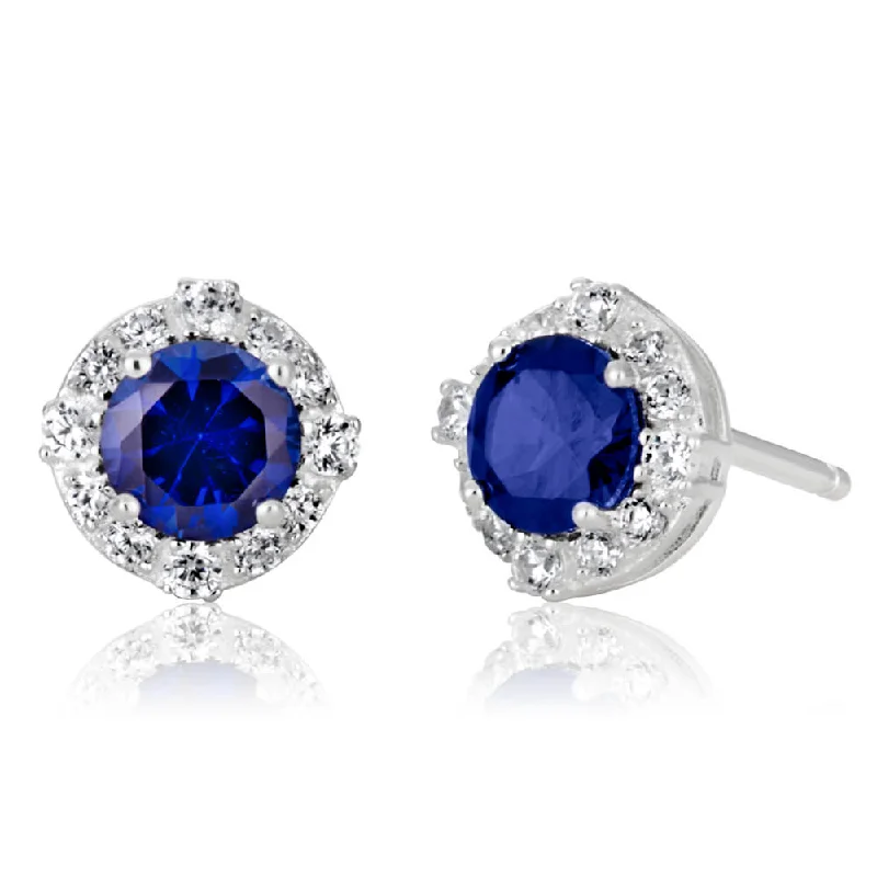 vintage-inspired earrings for women -Sterling Silver Created Sapphire + Cubic Zirconia Halo Earrings