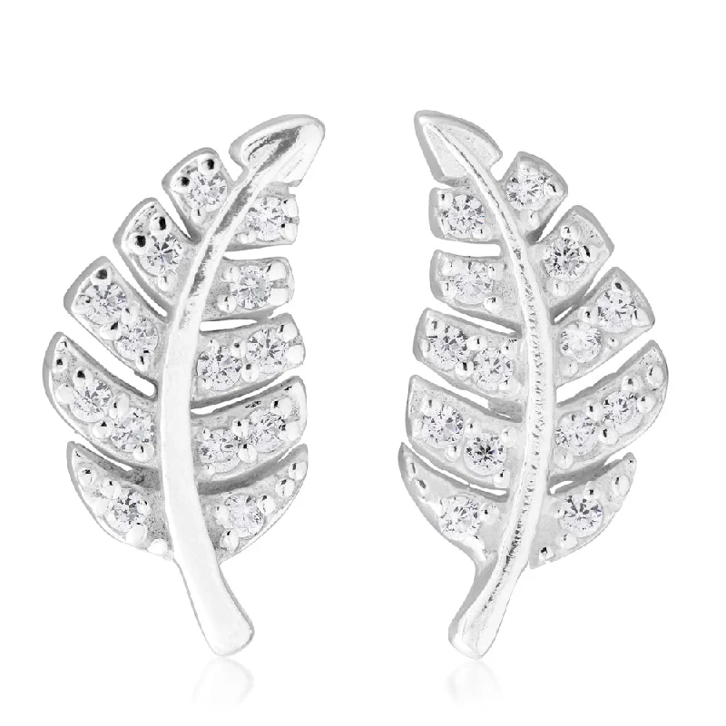 silver stud earrings for women -Sterling Silver Zirconia Leaf Stud Earrings