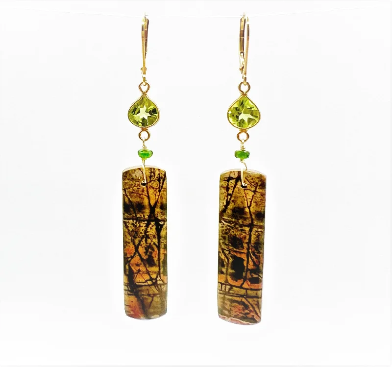 enamel earrings for women -Carved Agate with Faceted Peridots