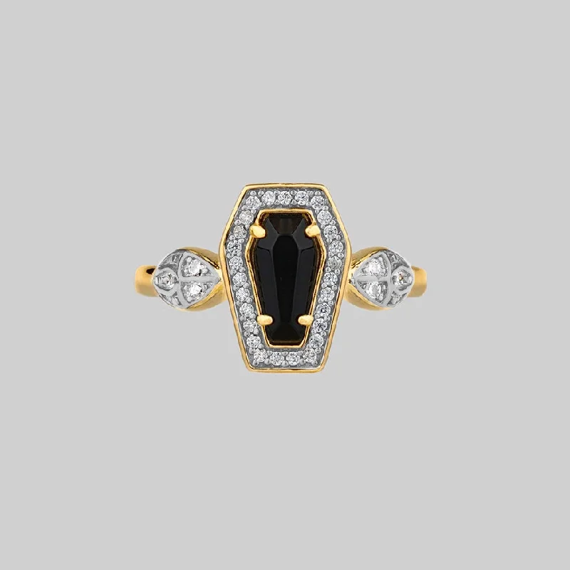 celestial rings for women -MORI. Black Onyx & Crystal Coffin Gold Ring