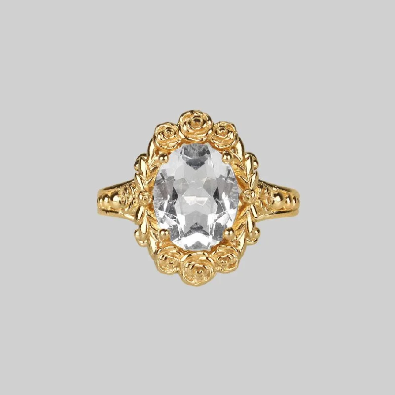 emerald-cut rings for women -MARIA. Rose Wreath Clear Quartz Gold Cocktail Ring