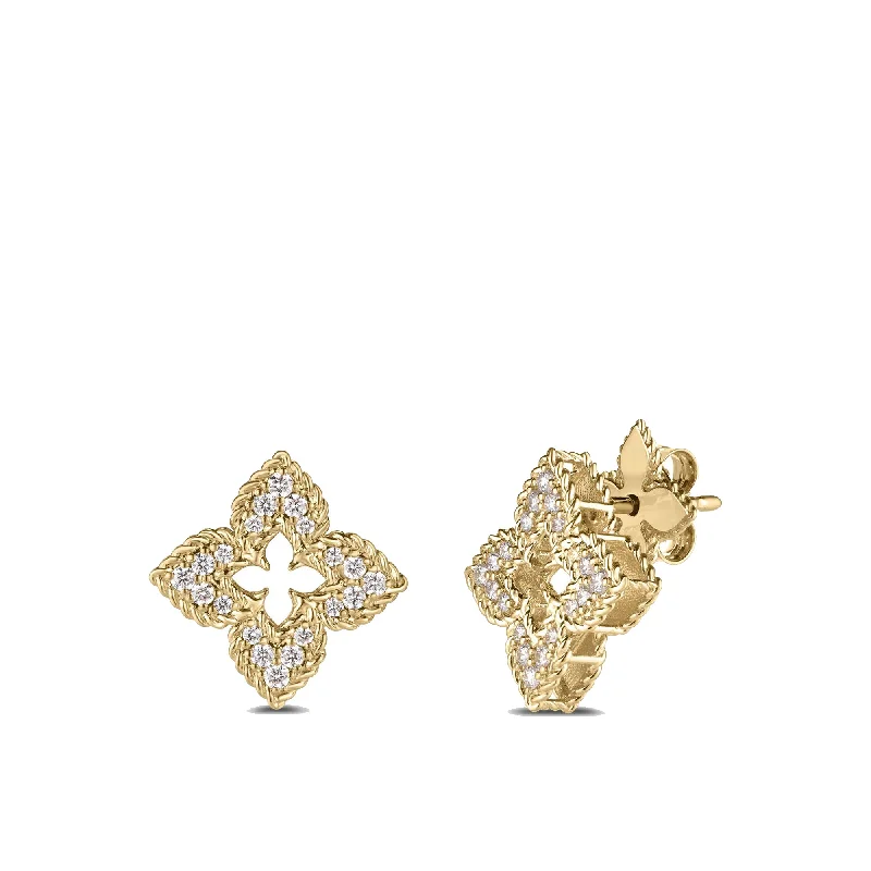 emerald drop earrings for women -Roberto Coin 18K Yellow Gold Small Venetian Princess Pave Diamond Flower Stud Earrings