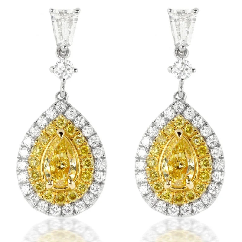 silver earrings for women -Fancy Yellow Pear Shaped Diamond & Bullet Diamond Dangle Earrings 18K Gold