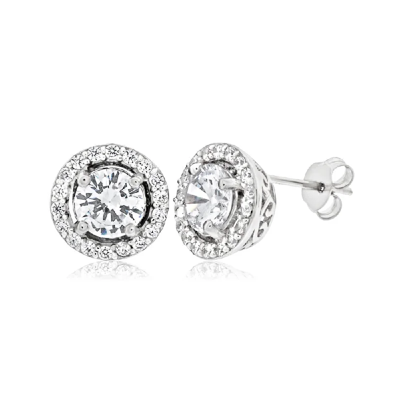 minimal earrings for women -Sterling Silver Rhodium Plated Cubic Zirconia Round Stud Earrings