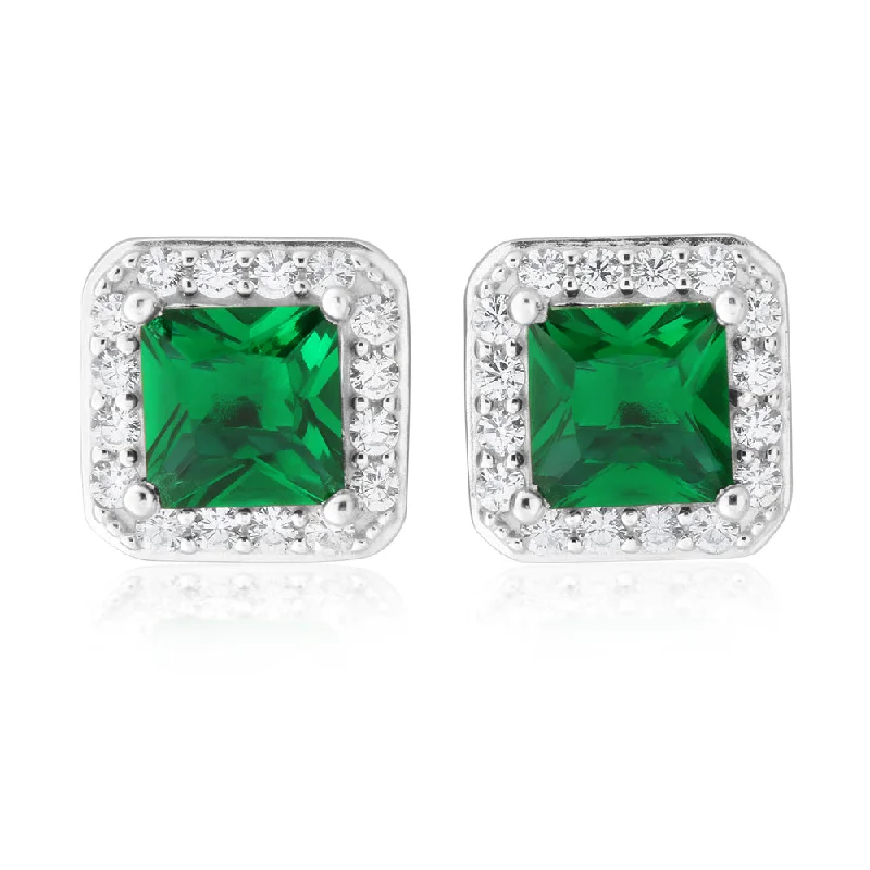 fancy earrings for women -Sterling Silver Green and White Zirconia Cushion Cut Stud Earrings