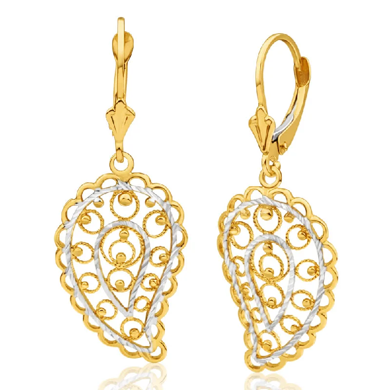 engraved earrings for women -9ct Yellow Gold & White Gold Drop Earrings Filigree Leaf Design