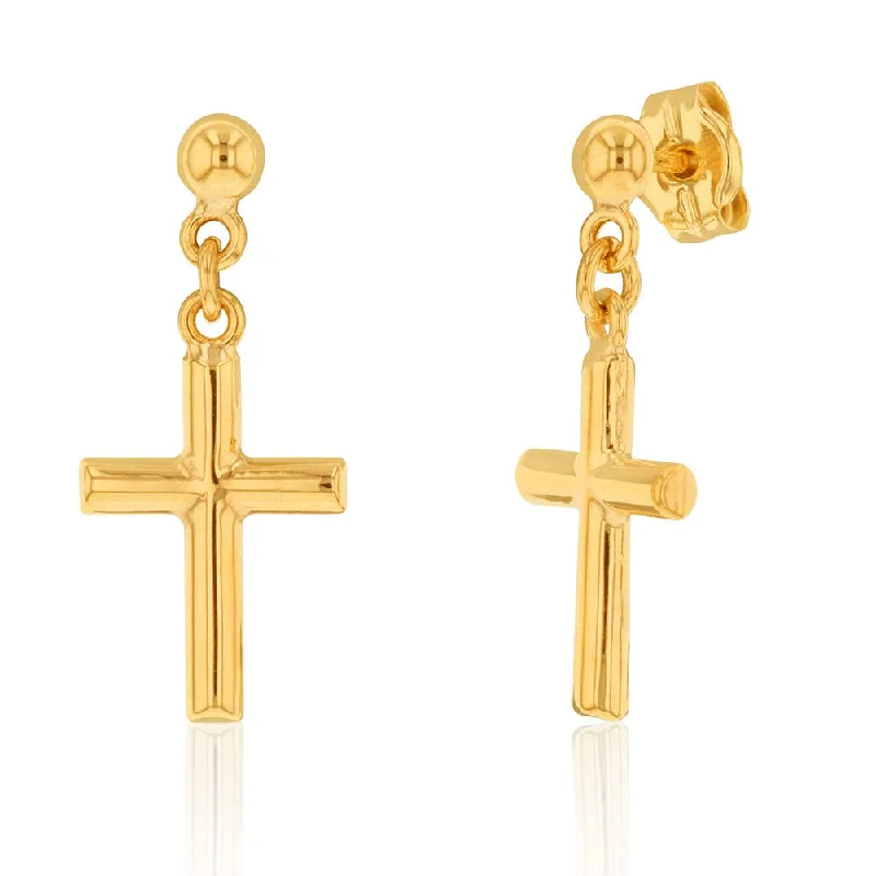 rose gold earrings for women -9ct Yellow Gold Cross Drop Earrings