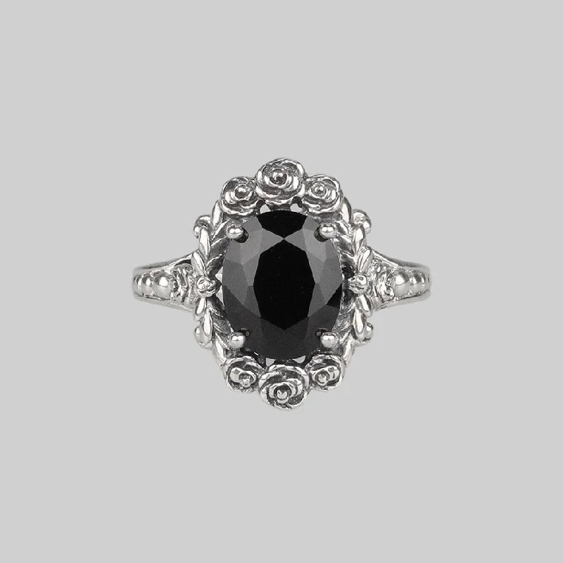 cushion-cut rings for women -MARIA. Rose Wreath Onyx Silver Cocktail Ring