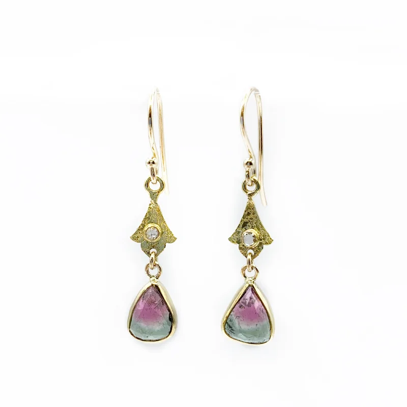 halo diamond earrings for women -Watermelon Tourmaline with 14 Karat Yellow Gold and Diamond Drop Earrings