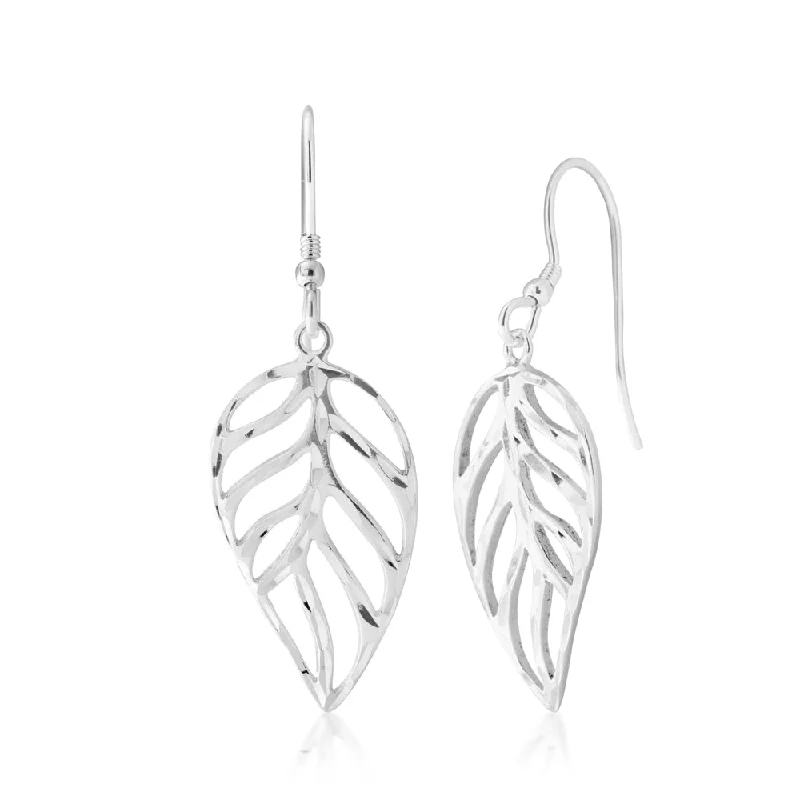 emerald drop earrings for women -Sterling Silver Open Leaf Drop Earrings