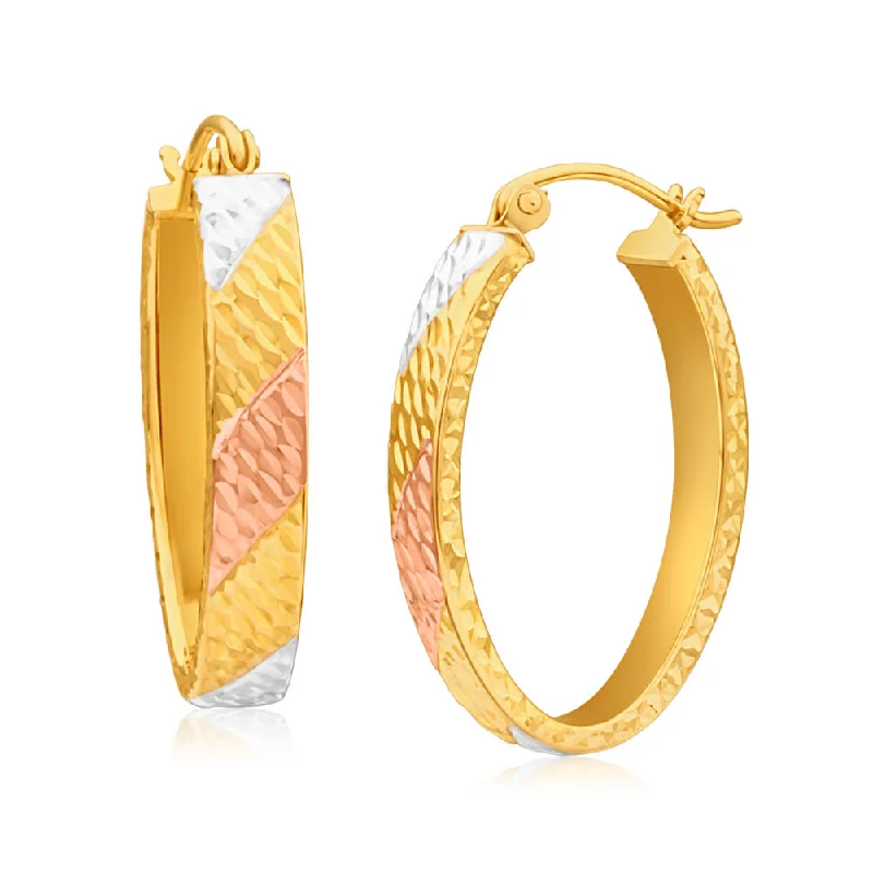 gold-plated hoop earrings for women -9ct Yellow Gold Silver Filled Three Tone Oval Hoop Earrings