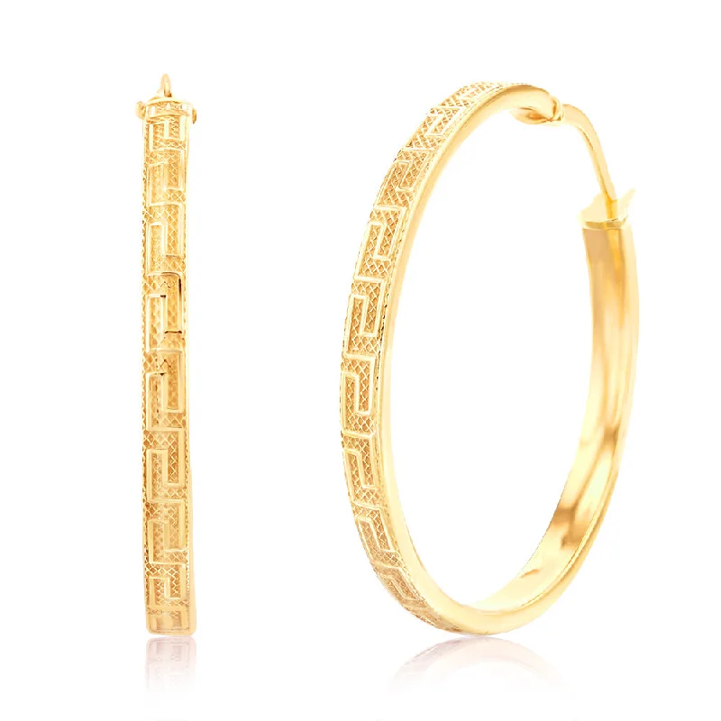 minimal earrings for women -9ct Yellow Gold Silverfilled Greek Key Hoop Earrings