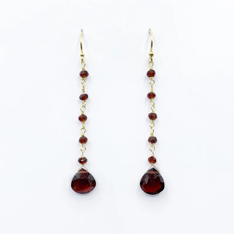 engraved earrings for women -Garnet Drop Earrings Gold Filled with Beaded Chain