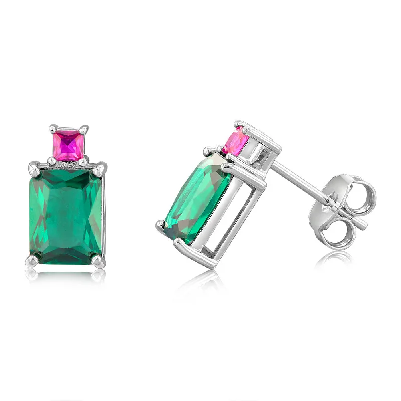 crystal drop earrings for women -Sterling Silver Rhodium Plated Green And Pink Cubic Zirconia Stud Earrings