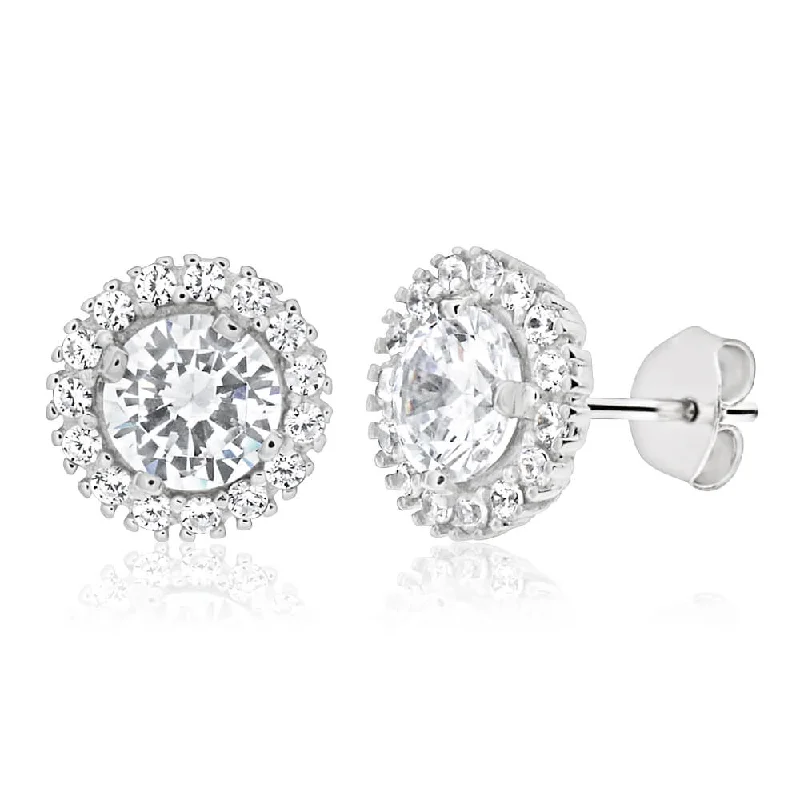 fashion earrings for women -Sterling Silver Rhodium Plated Cubic Zirconia Round Halo Stud Earrings