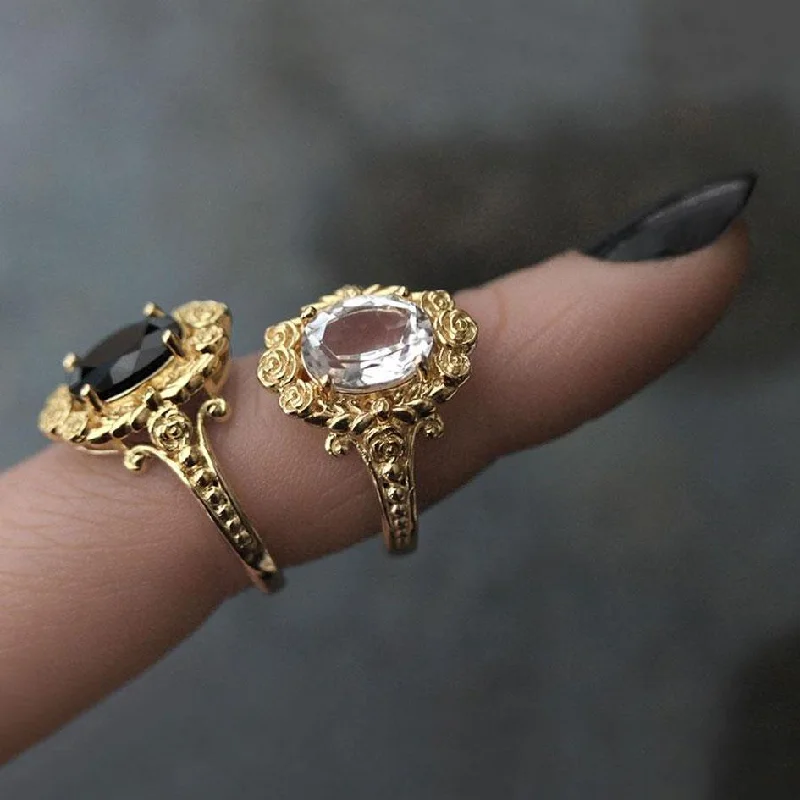 oval rings for women -MARIA. Rose Wreath Onyx Gold Cocktail Ring