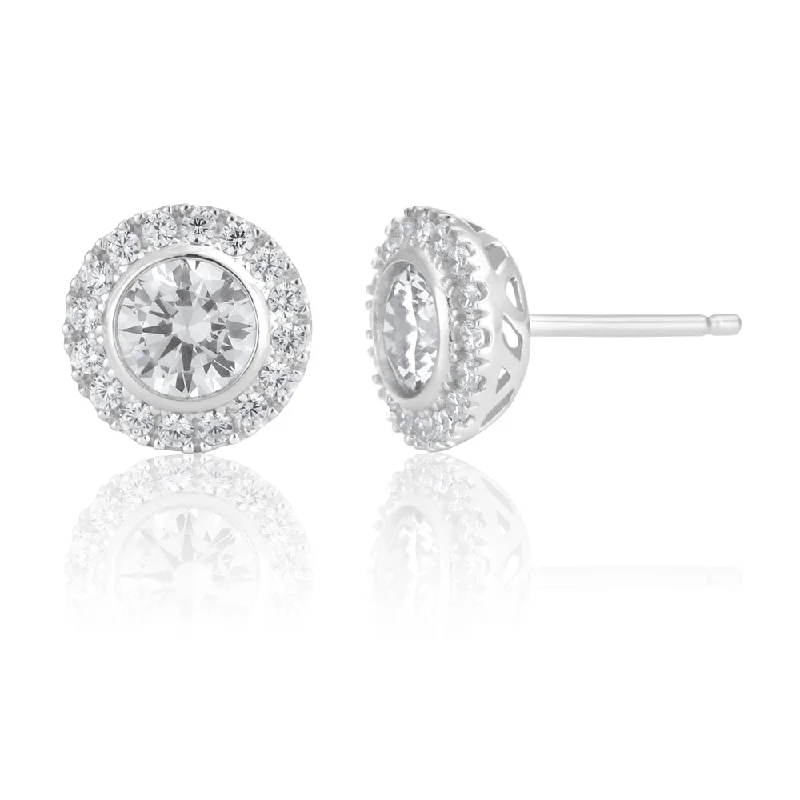 animal earrings for women -Sterling Silver Round Halo Zirconia Stud Earrings