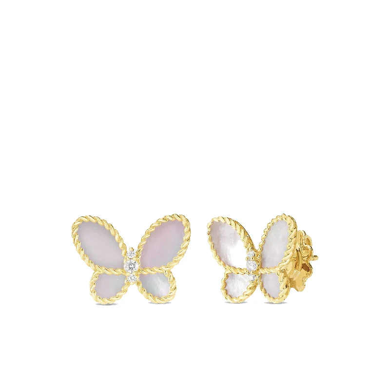 silver earrings for women -Roberto Coin 18K Yellow Gold Jasmine Butterfly Diamond and Mother of Pearl Stud Earrings