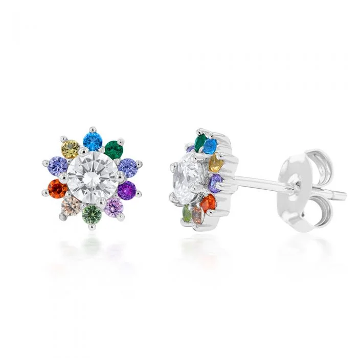 gold stud earrings for women -Sterling Silver Rainbow Multicoloured Crystal Flower Stud Earrings