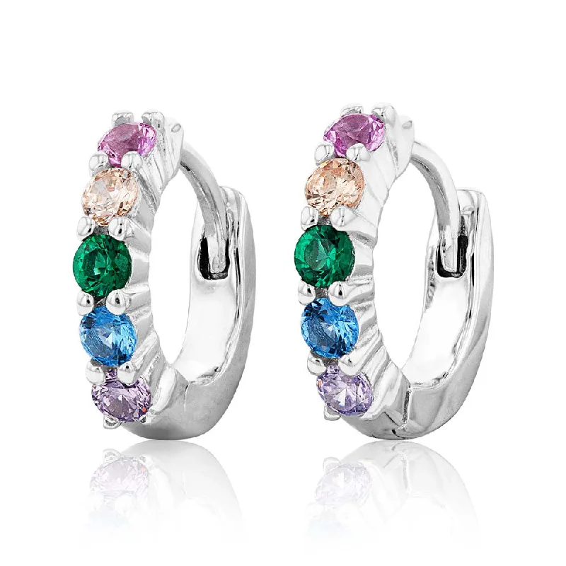 rainbow earrings for women -Sterling Silver Rainbow Multicolour Cubic Zirconia Hoop Earrings