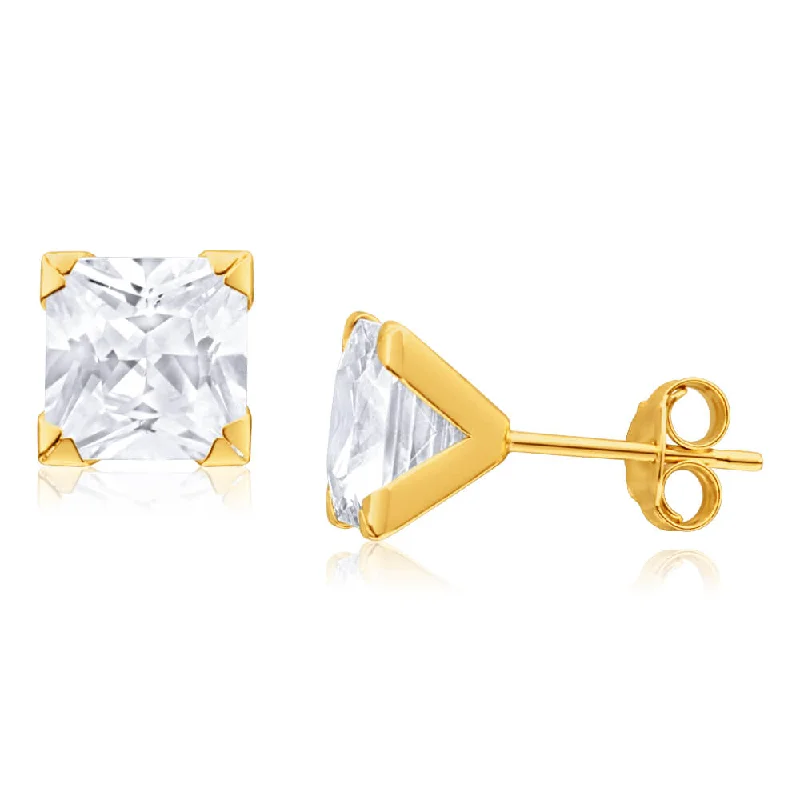 filigree earrings for women -9ct Yellow Gold Cubic Zirconia 7mm Princess Cut Stud Earrings