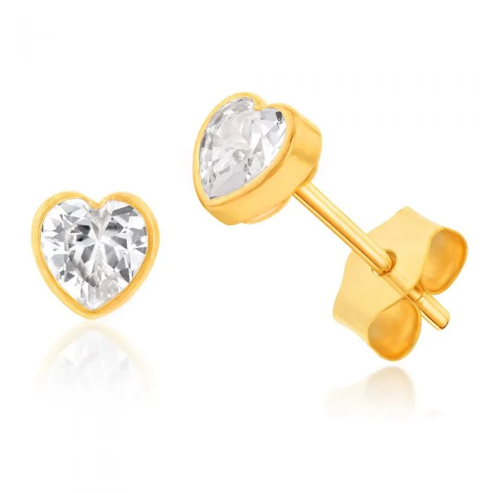 ruby stud earrings for women -9ct Yellow Gold Bezel Set Heart Shape Cubic Zirconia Stud Earrings