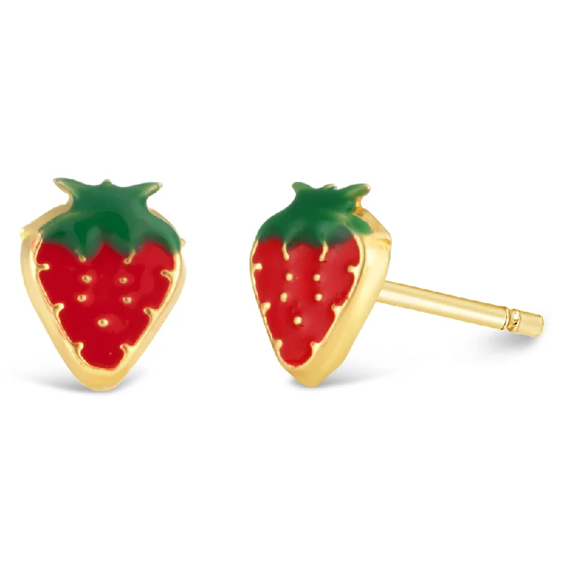 fashion crystal earrings for women -9ct Yellow Gold Strawberry Enamel Stud Earrings