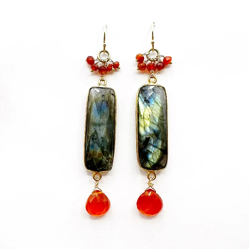 chandelier drop earrings for women -Labradorite Rectangles with Carnelian Drops Earrings