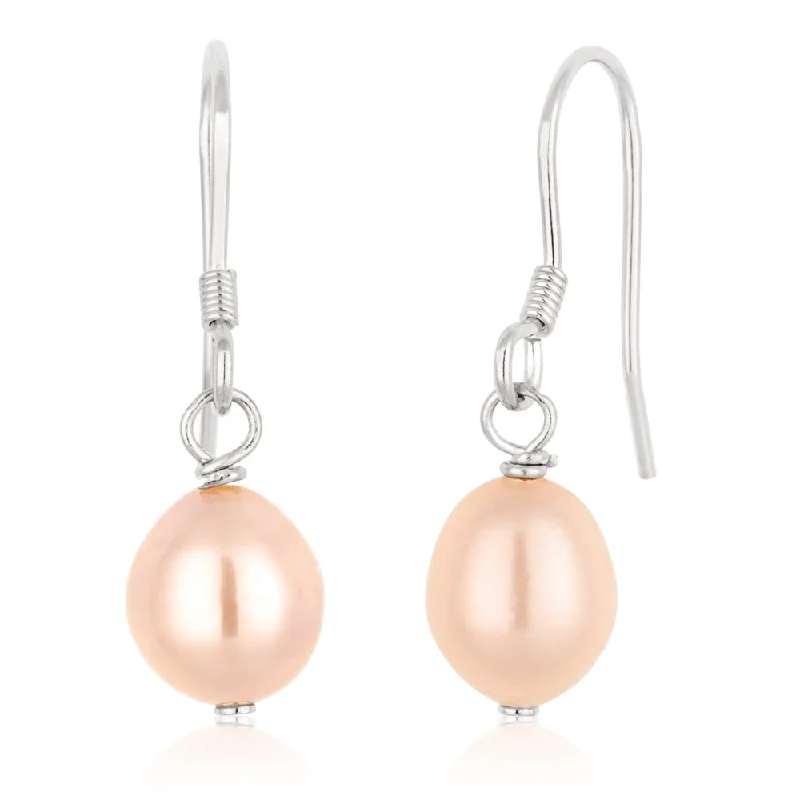 long earrings for women -Pink 6x8mm Freshwater Pearl Drop Earrings