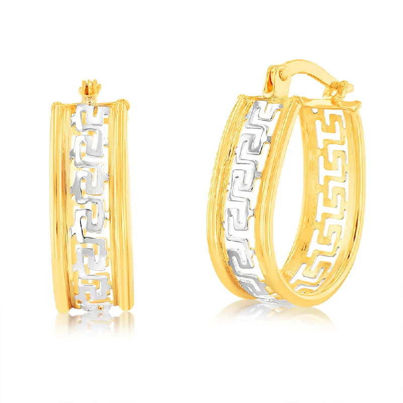 boho chic earrings for women -9ct Yellow Gold Silver Filled Oval Hoop Earrings with Greek Key of Life Design