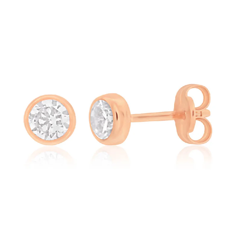 boho earrings for women -9ct Rose Gold 4mm Bezel Set Cubic Zirconia Stud Earrings